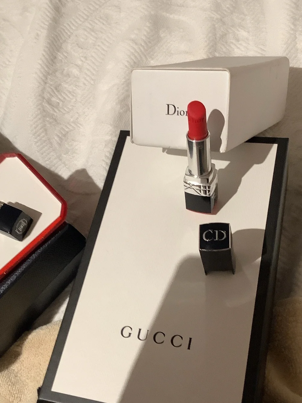 CHANEL Black Compact with Red Lipstick and White Gift Box